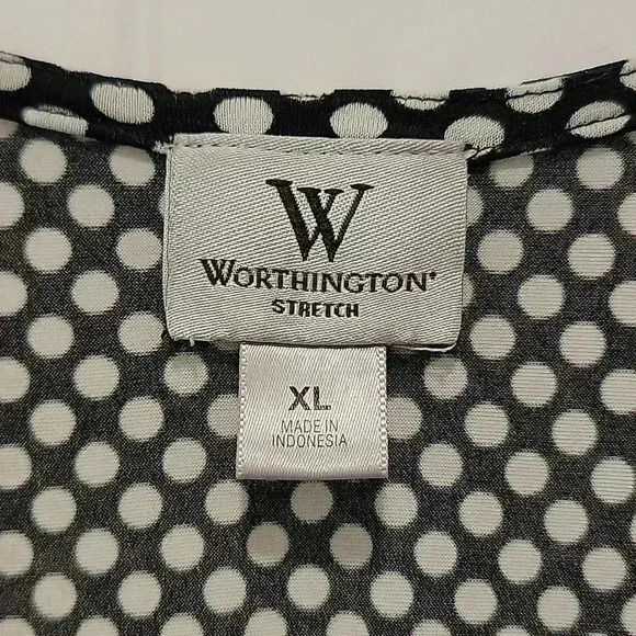 Worthington Stretch Black White Polkadot Short Sleeve Blouse Size XL - Picture 2 of 6